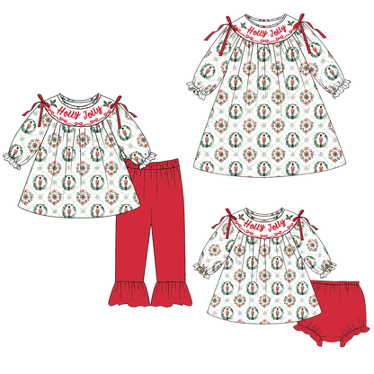 Christmas Holly Jolly Smocked Embroidery Girls Holiday Outfits