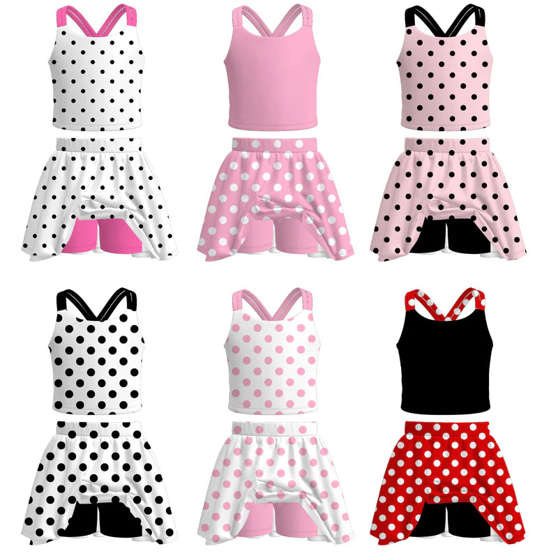 Girls Summer Solid Polka Dot Skort Set Collection