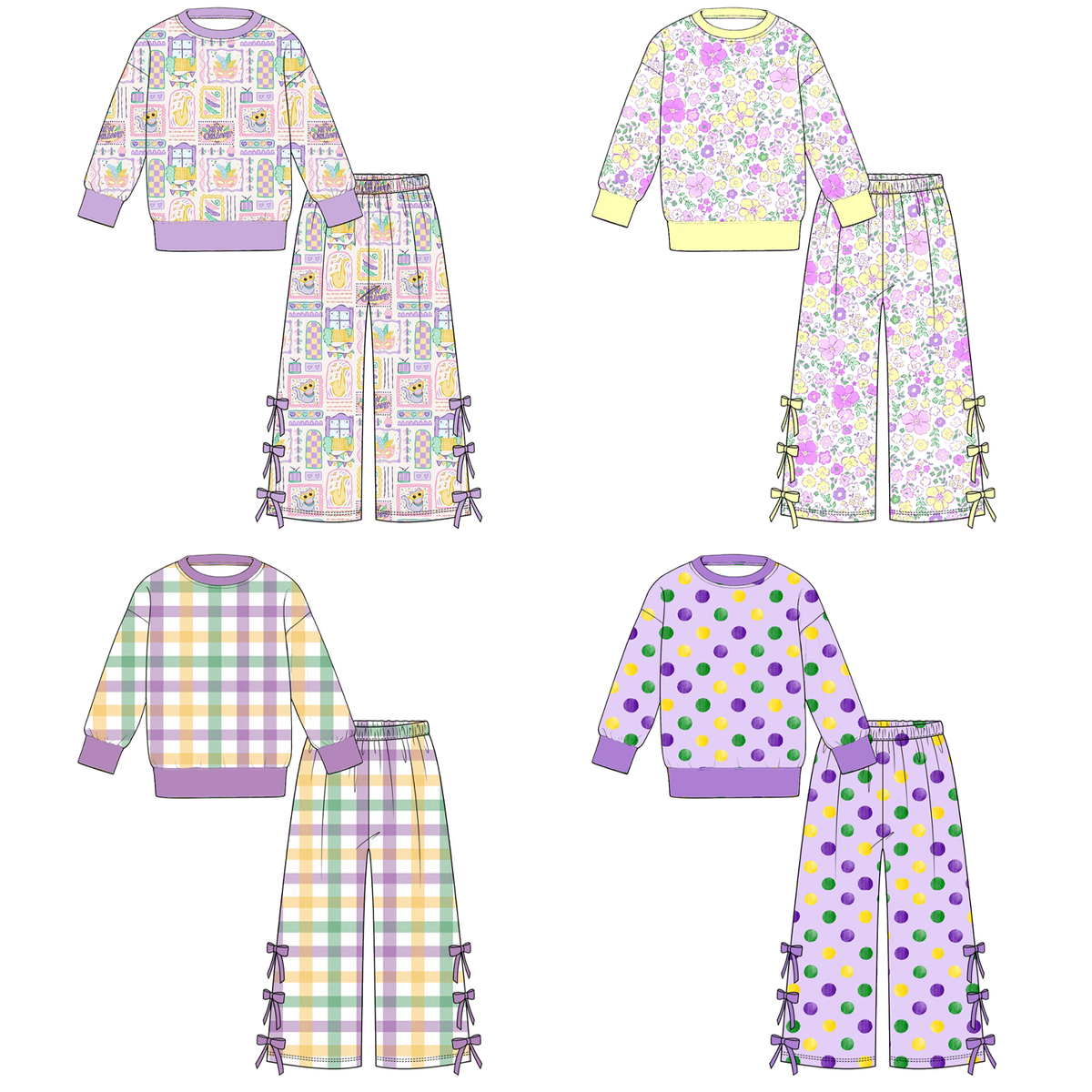 Girls Fall Winter 2-Piece Outfit Set – Colorful Polka Dot Floral Print Sweatshirt & Bow Wide Leg Pants