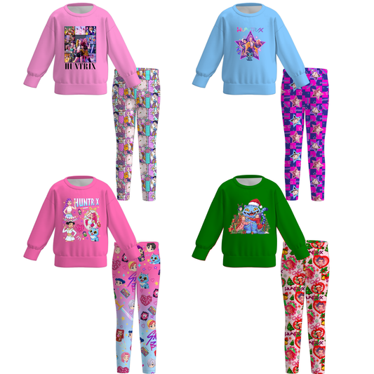 Girls Kpop Demon Hunter Print Long Sleeves Top+Pant Set