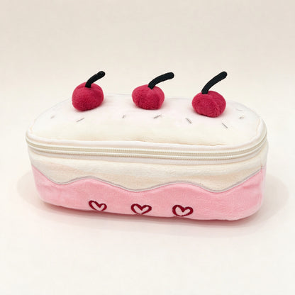 Cherry Cake Plush Cosmetic Bag & Pencil Pouch – Cute Zipper Makeup Organizer and Stationery Case