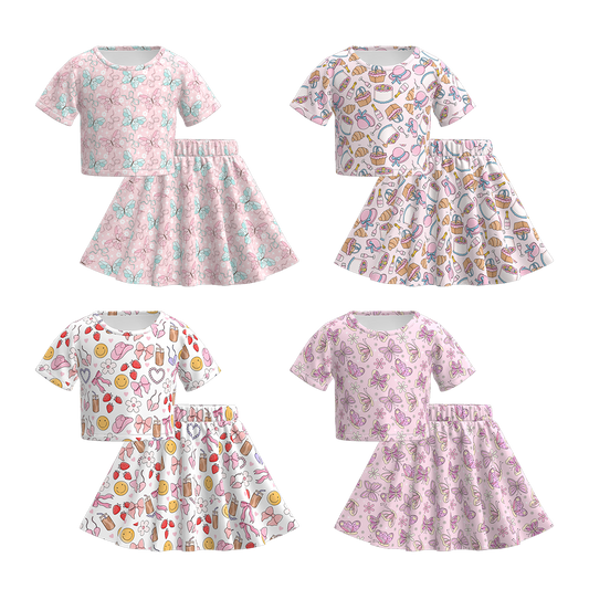 Girls Summer Butterfly Bow Print Skirt Set