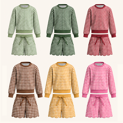 Christmas Gingham Plaid Girls Two-Piece Sweatshirt & Shorts Scallop Set