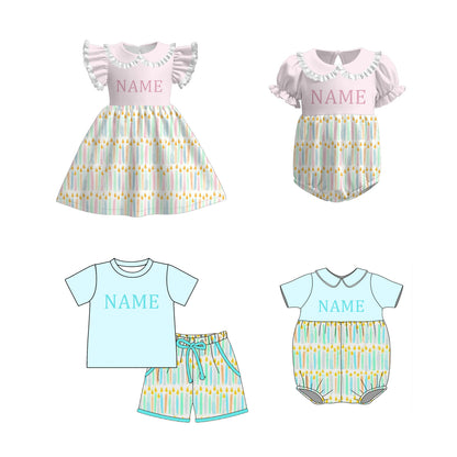 Kids Spring Summer Brithday Custom Name Embroidery Sibling Set