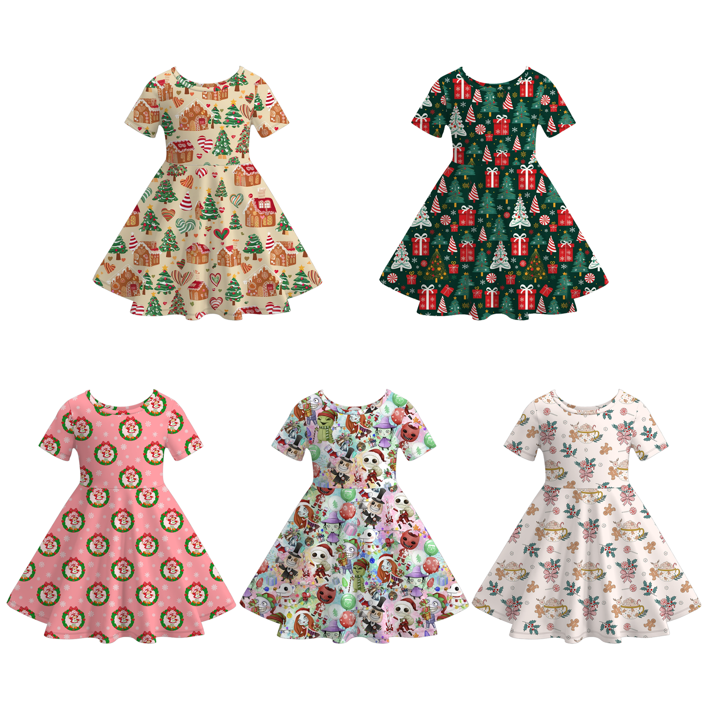2025 Christmas Cartoon Gift Tree Character Print Twirl Dress