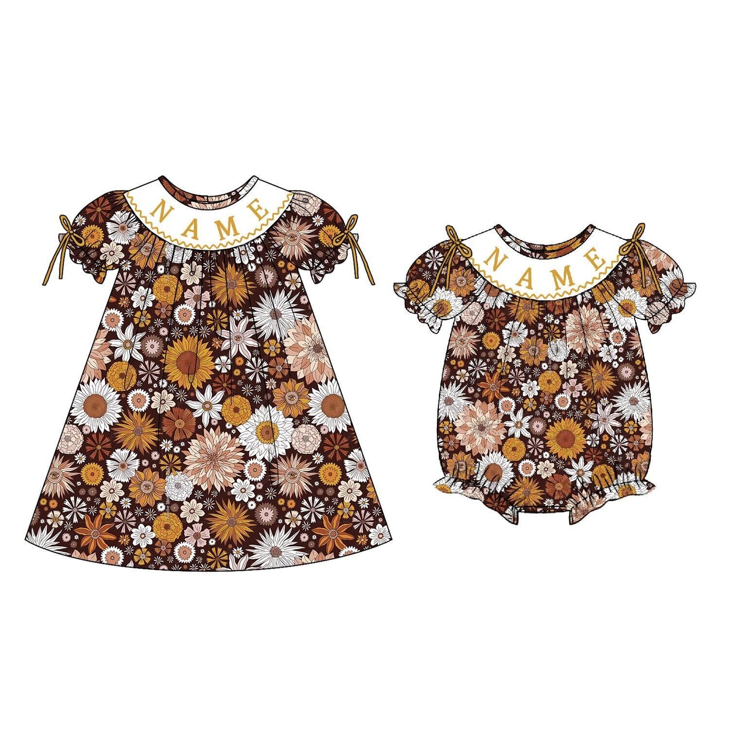 Girls Custom Name Embroidery Smock Fall Floral Print Dress & Bubble