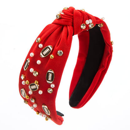 American Football Top Knot Headband with Pearls & Rhinestones – Wide Hair Accessory, Game Day Gift for Fans