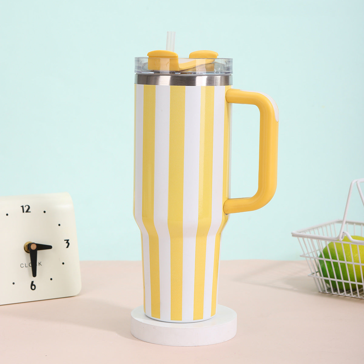 Stripe 40oz Insulated Tumbler with Handle & Straw Car Travel Mug Cold Stainless Steel Cup