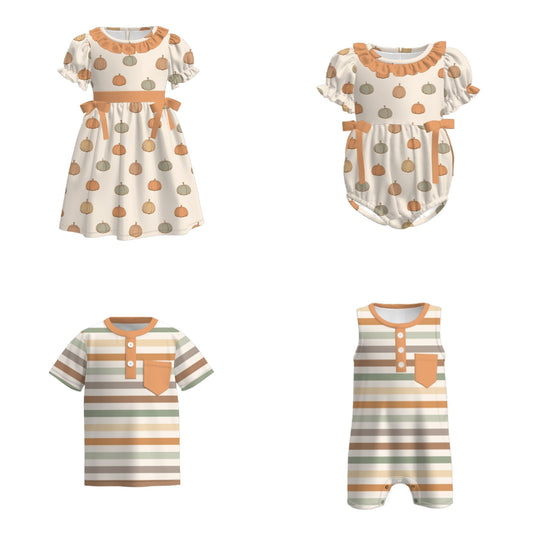 Kids Fall Autumn Orange Pumpkin Striped Dress Romper Top Sibling Clothes