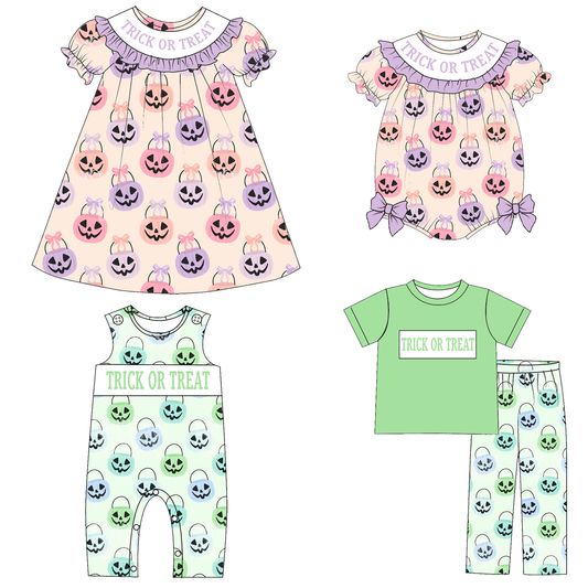 Halloween Trick or Treat Kids Clothing Collection | Dress, Bubble Romper, Romper & Pajama Set