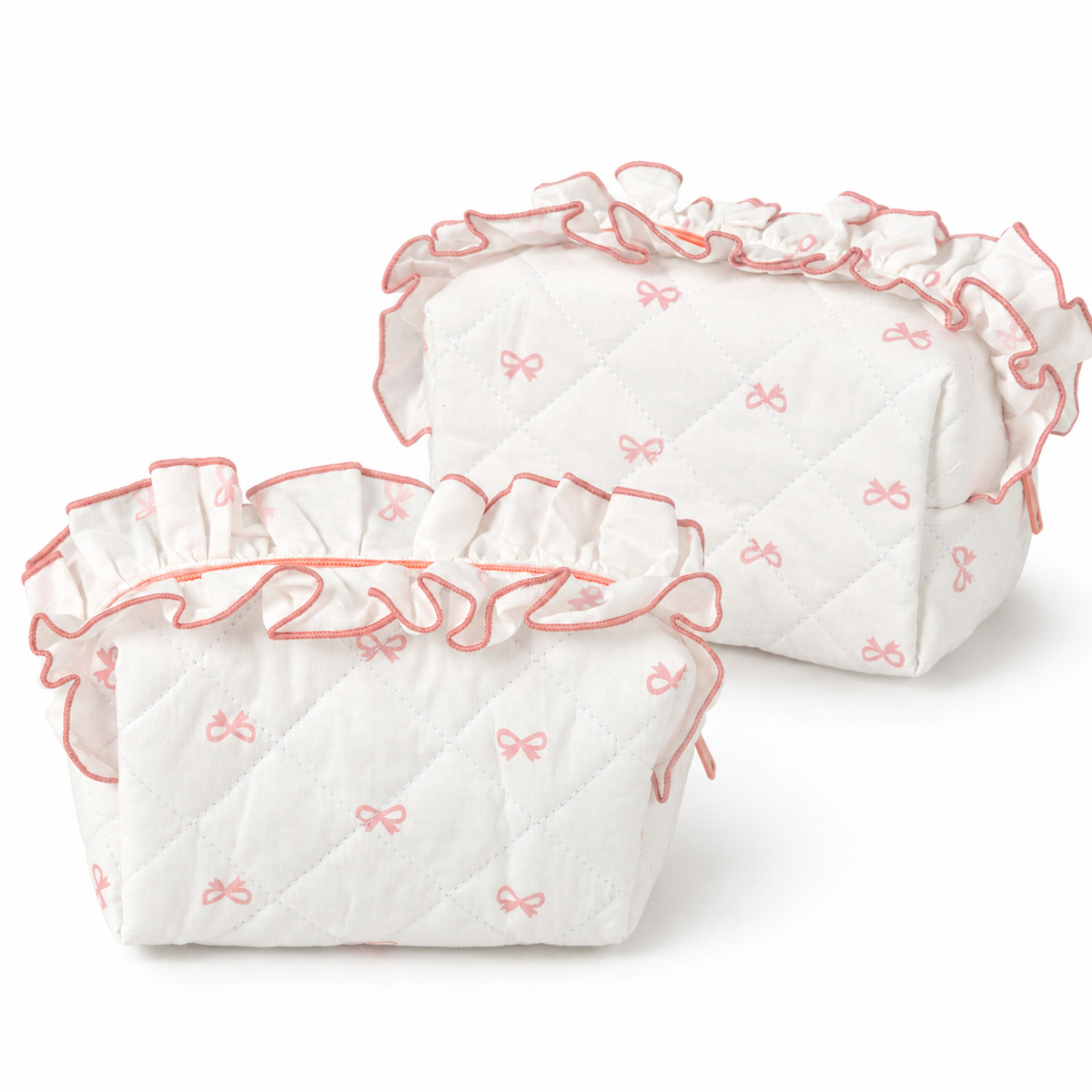 Diamond Quilted Ruffle Floral, Bow Print Makeup Cosmetic Bag – Toiletry & Travel Pouch