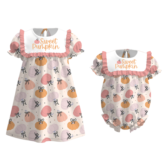 Girls Sister Sweet Pumpkin Embroibery Fall Sibling Clothes