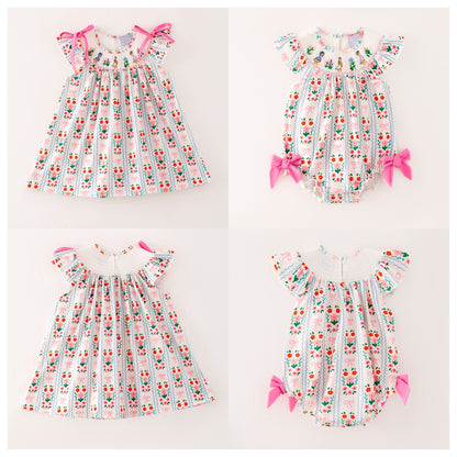 Girls Summer Pink Floral Silly Goose Embroidery Smock Dress Romper