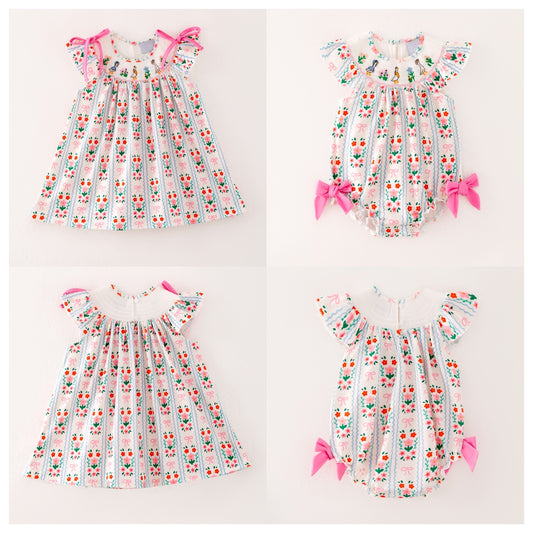Girls Summer Pink Floral Silly Goose Embroidery Smock Dress Romper