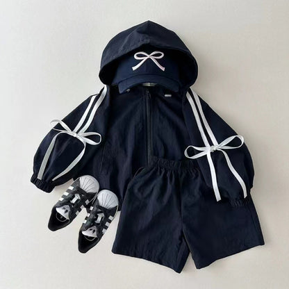 Girls Cotton Hooded Jacket & Shorts Set – Bow Detail Two-Piece Outfit, Floral or Navy
