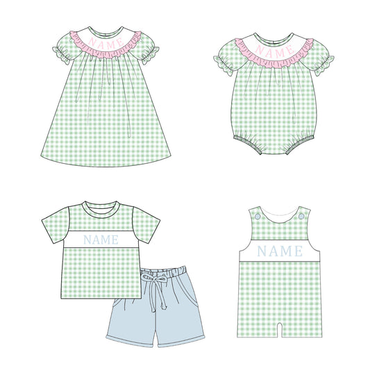 Summer Green Plaid Custom Name Smocked Embroidery Collection