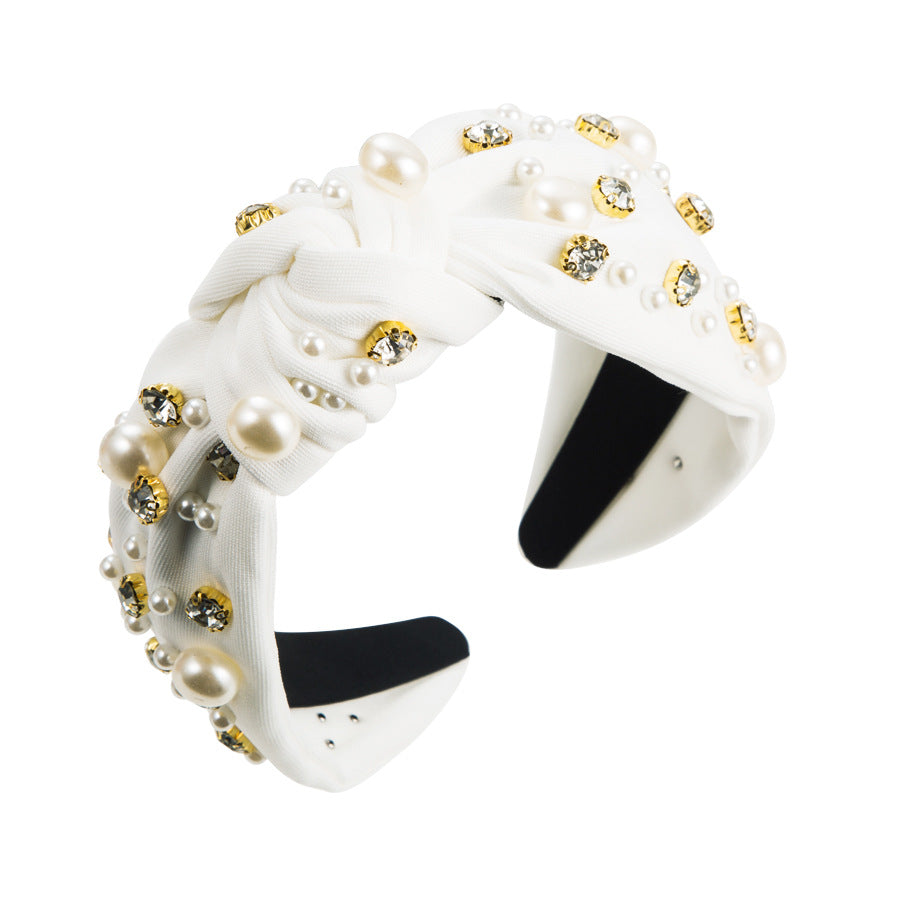 Wide Knotted Headband with Pearls & Rhinestones Padded Fashion Hair Band for Women & Girls