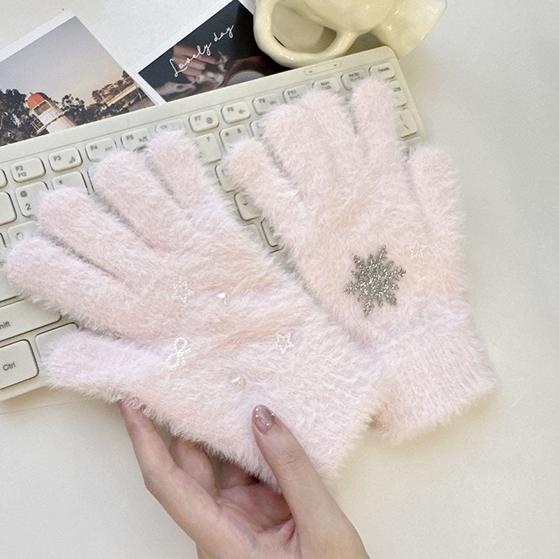 Winter Fluffy Star Gloves Soft Faux Mink Knit Warm Gloves for Parent-Child Matching & Cycling