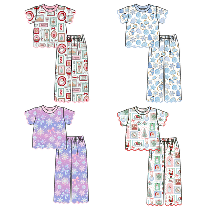 Christmas Girls Scallop Pajama Set – Festive Holiday Print Short Sleeve Top & Leg Pants