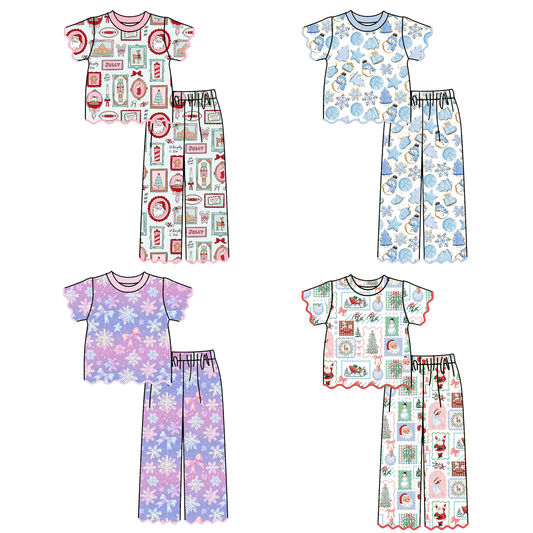 Christmas Girls Scallop Pajama Set – Festive Holiday Print Short Sleeve Top & Leg Pants