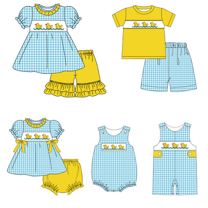 Kids Sibling Summer Rubber Ducks Embroidery Smocked Clothes