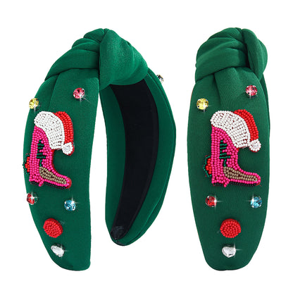 2025 Christmas Handmade Beaded Headband Seed Bead Hairband with Rhinestones Knot Headband Holiday Hair Accessory