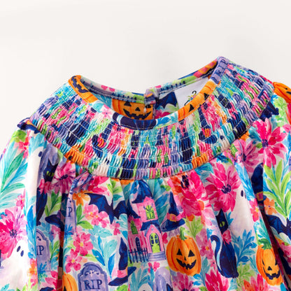 Baby Smocked Bubble Romper | Long Sleeve Floral Printed Infant Bodysuit | Fall Holiday Collection | Boutique Baby Outfit