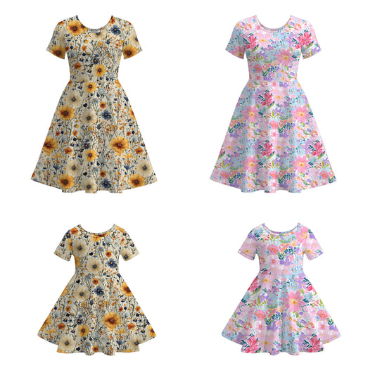 Mommy And Me Summer Fall Floral Print Soft Twirl Dress