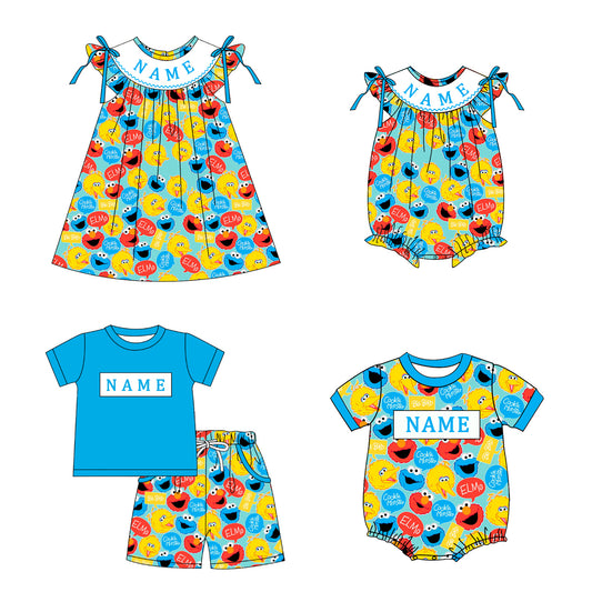 Smocked SESAME STREET Kids Collection – Embroidered Blue Custom Name Outfits