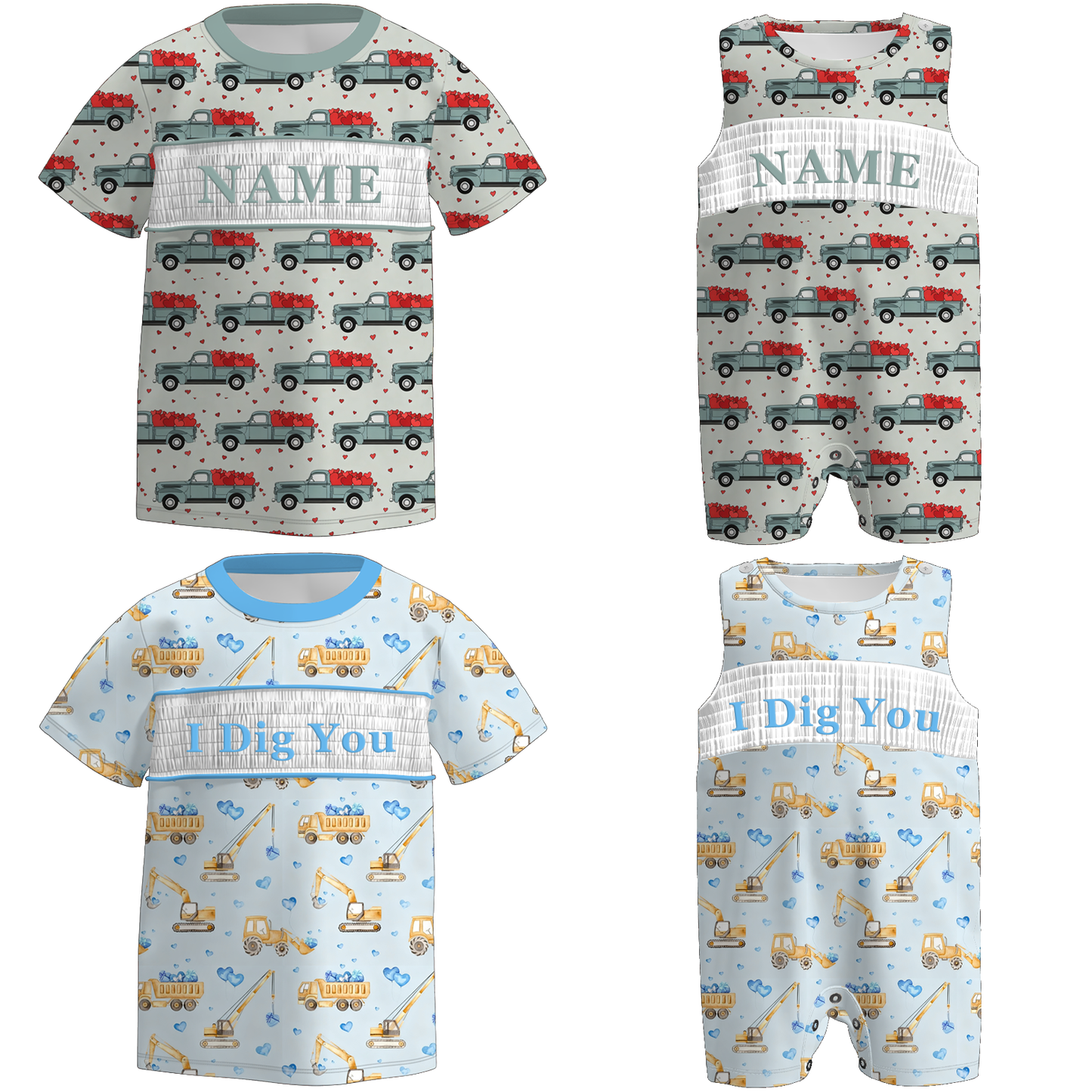 Boys Trucker "I Dig You" Custom Name Smock Embroidery Top & Romper