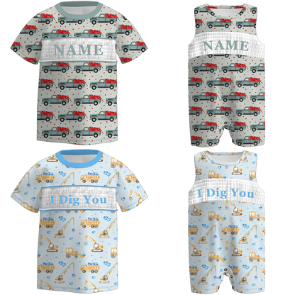 Boys Trucker "I Dig You" Custom Name Smock Embroidery Top & Romper