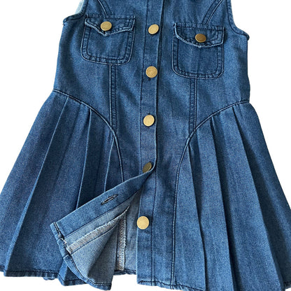Girls Cotton Denim Pinafore Dress with Collar & Buttons