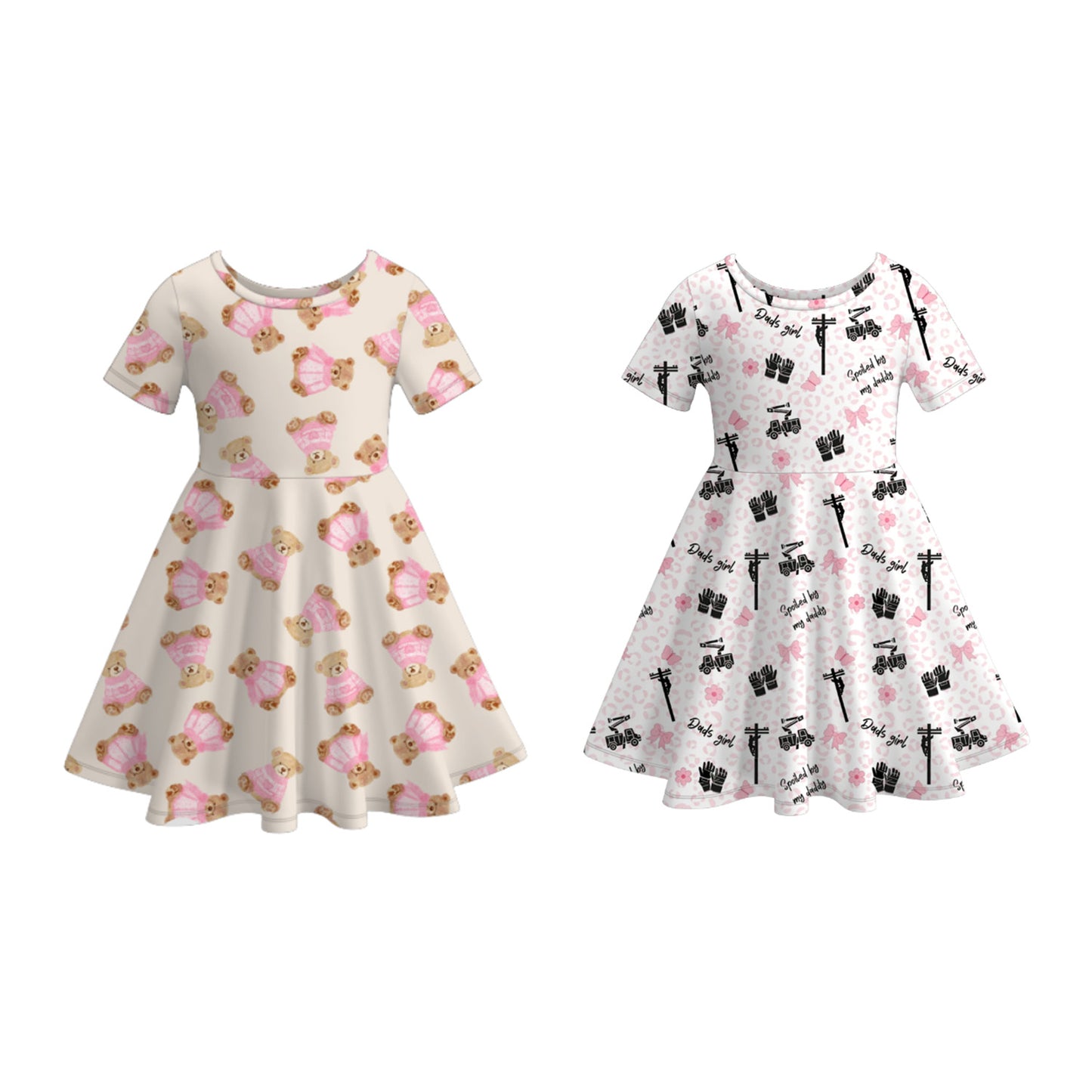 Kids Summer Bear Bow Fashion Print Twirl Dress