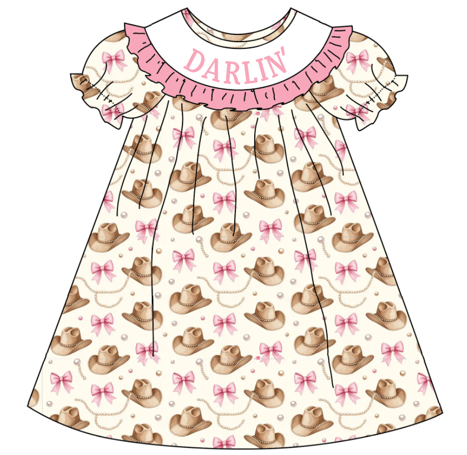 Girls DARLIN Embroidery Smock Cowboy Hat Dress & Bubble