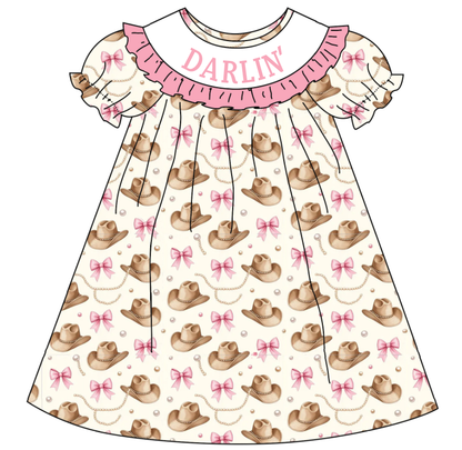 Girls DARLIN Embroidery Smock Cowboy Hat Dress & Bubble