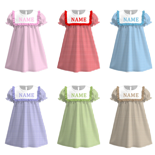 Spring Summer Plaid Custom Name Embroidery Short Sleeves Dress