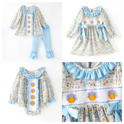 Thanksgiving Girls Smocked Outfit Set – Turkey Floral Embroidery Sibling Collection