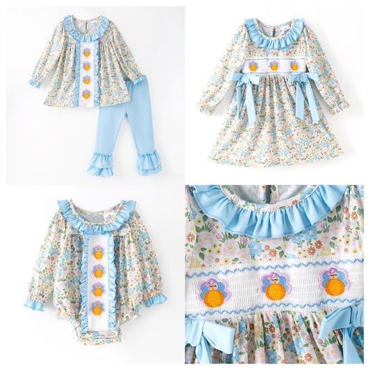 Thanksgiving Girls Smocked Outfit Set – Turkey Floral Embroidery Sibling Collection
