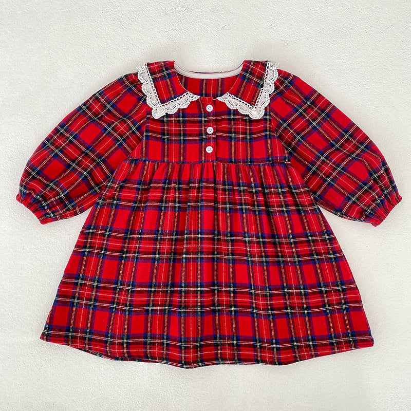 Christmas Red Plaid Girls Dress & Baby Romper – Cotton Long Sleeve Sister Matching Outfit