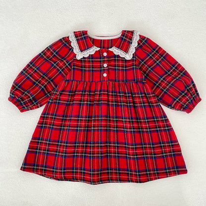 Christmas Red Plaid Girls Dress & Baby Romper – Cotton Long Sleeve Sister Matching Outfit