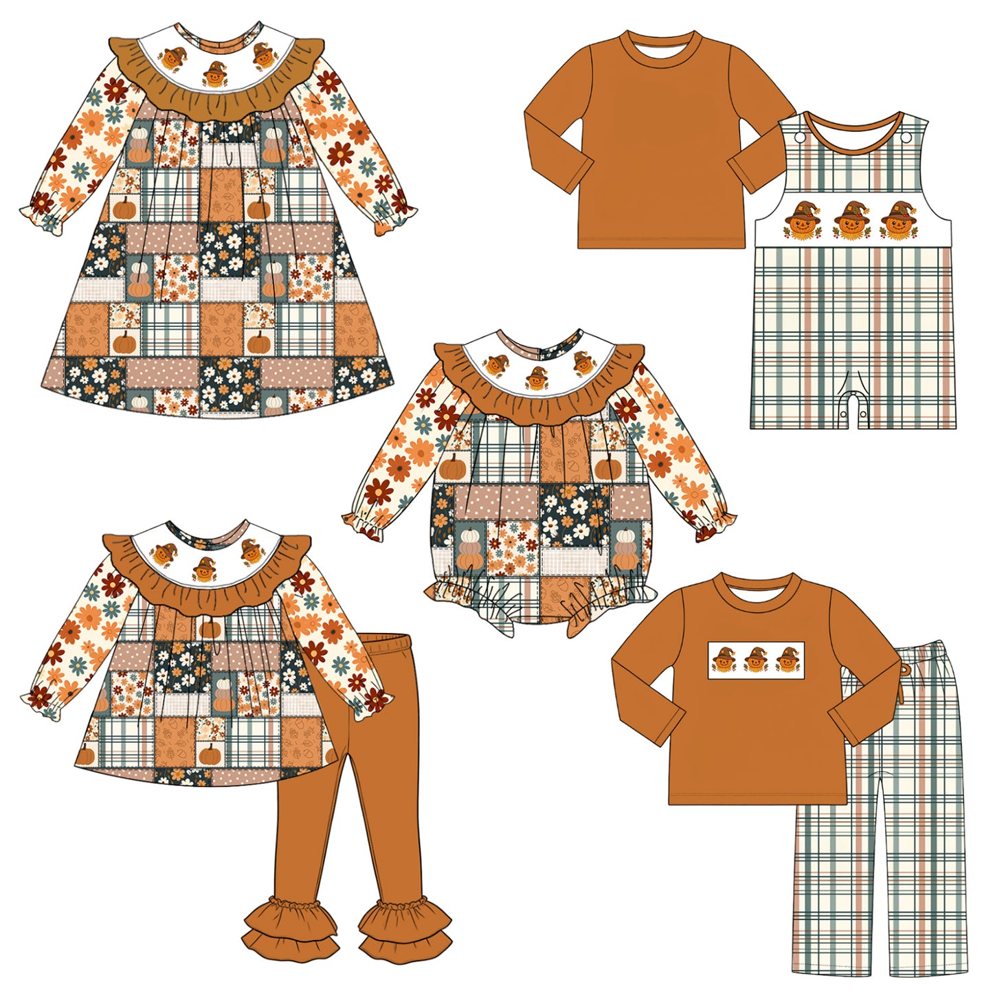 Fall Scarecrow Smocked Embroidered Kids Collection | Boutique Patchwork Plaid Dress, Romper & Boys Outfit | Autumn Harvest Clothing