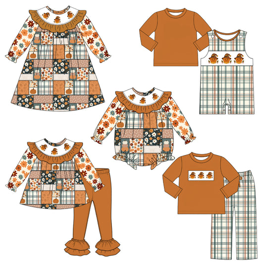 Fall Scarecrow Smocked Embroidered Kids Collection | Boutique Patchwork Plaid Dress, Romper & Boys Outfit | Autumn Harvest Clothing