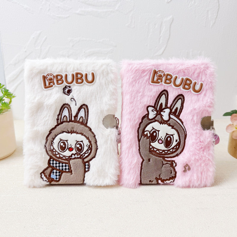 Cartoon Embroidered Plush Lock Diary 64K Soft Cover Journal Notebook Gift