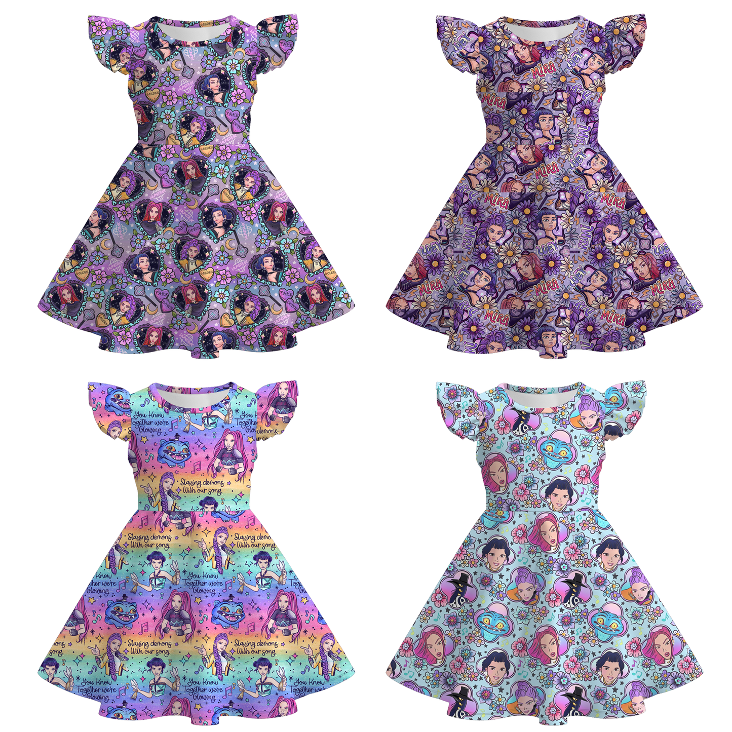 Girls Summer Kpop Demon Hunter Print Cute Twirl Dress