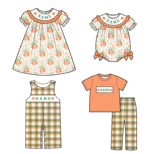 Kids Personalized Pumpkin Embroidery Collection | Custom Name Halloween Outfit | Dress, Bubble Romper, Jon Jon & Boys Set
