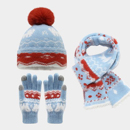 Kids’ Winter Hat, Scarf & Gloves 3-Piece Set – Pom-Pom Knit Beanie with Reindeer & Snowflake Patterns for Boys & Girls