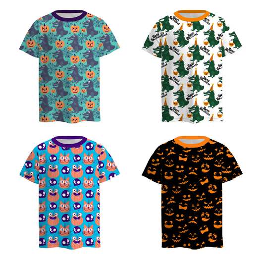 Boys Halloween Fall Pumpkin Face Ghost Dinosour Short Sleeve Crewneck T-Shirt