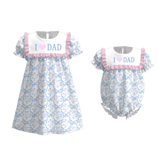 Girls Summer I LOVE DAD Embroidery Pink Blue Bow Dress Romper