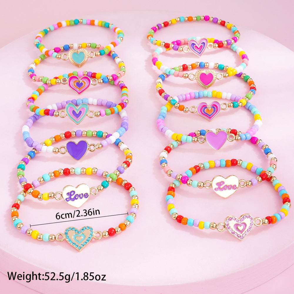 Valentine’s Day Beaded Bracelet Set for Girls – Colorful Cartoon Heart Charms