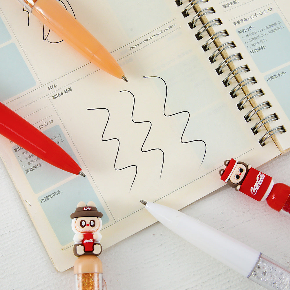 Labubu Cola Bottle Gel Pen Soft Rubber Cute Design with Sparkling Details, Black Ink Student Office Stationery